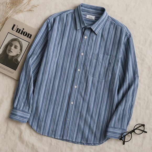 J CREW Striped Button Front Shirt Blue Striped Cotton Casual Medium 15 15.5 - Picture 1 of 4